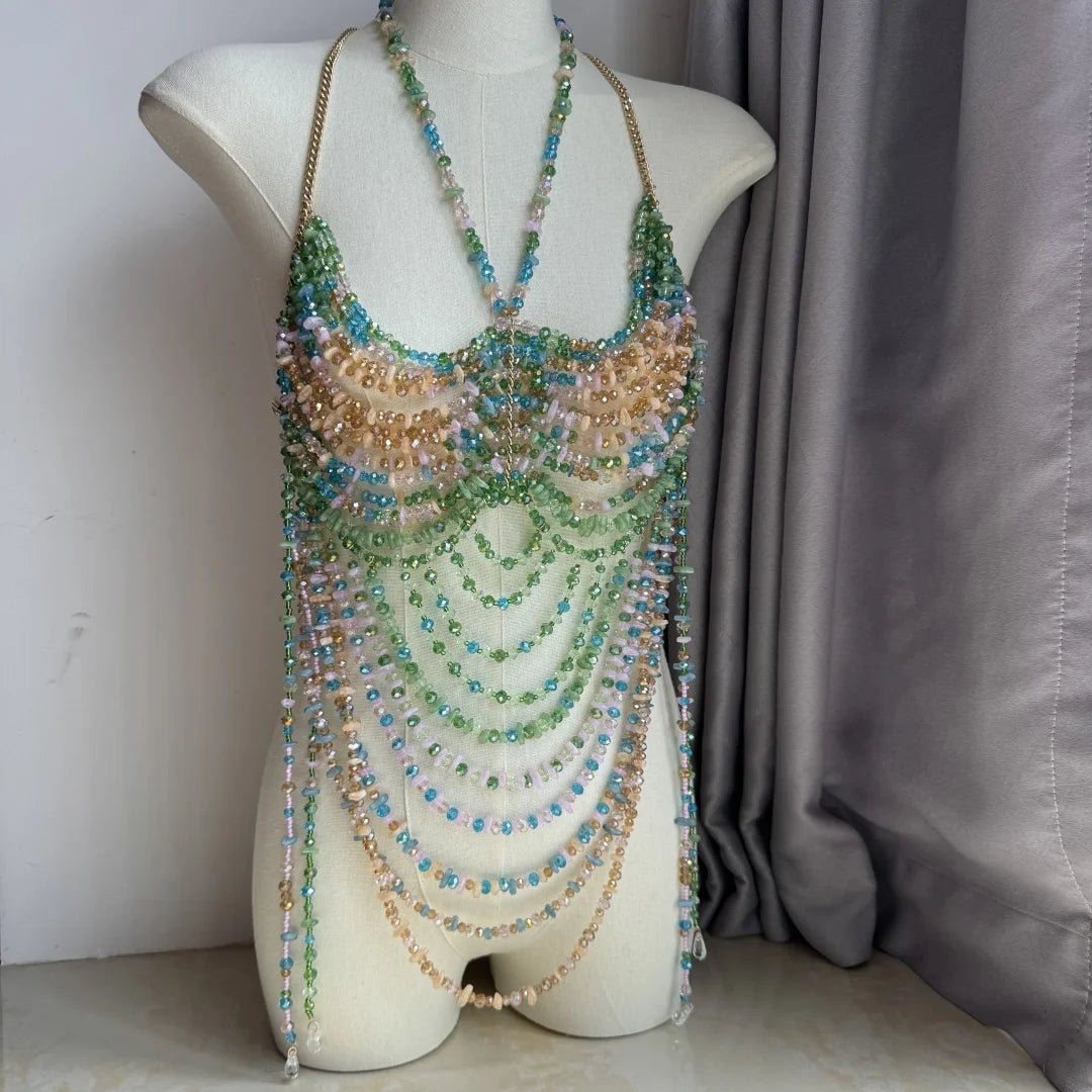 Women Tops Beaded Camisole Vest Bikini Bra Top Body Exaggerated Pearl Neck Bustier Beachwear Lingerie Woman's Club Rave - Clothesfassion.store