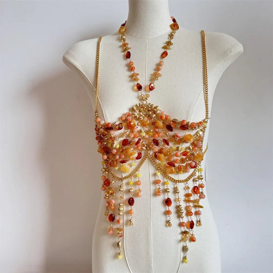 Women Tops Beaded Camisole Vest Bikini Bra Top Body Exaggerated Pearl Neck Bustier Beachwear Lingerie Woman's Club Rave - Clothesfassion.store