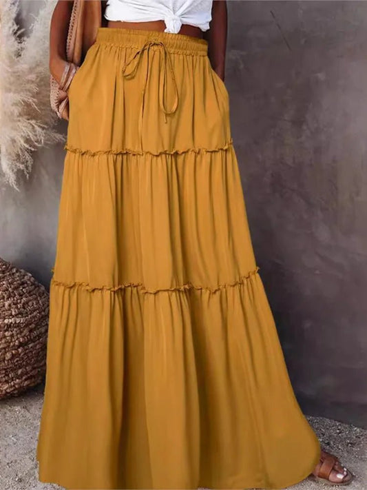 Women's Spring Autumn New Long Skirt Solid Color Fashionable Mushroom Layered Skirt High Waist Elastic Ruffle Skirt - Clothesfassion.store