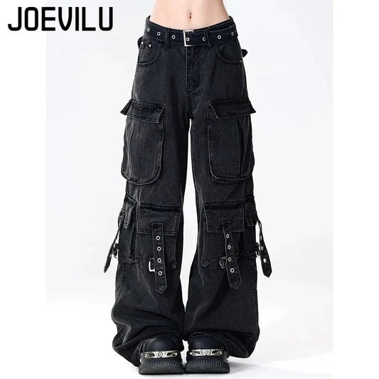 Y2K Black Cargo Pants for Women Straight Leg Jean Edgy Style Pocket Trousers Streetwear 2000s Aesthetic Grunge Pants Pantalones - Clothesfassion.store