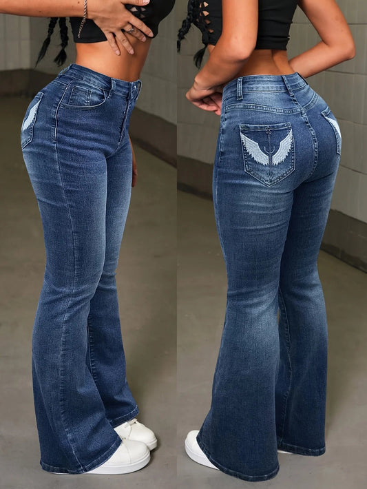 Y2k Casual Stretchy High Waist Wings Embroidered Flare Leg Jeans Sexy Retro Pocket Skinny Fitted Festival Jeans For Women - Clothesfassion.store