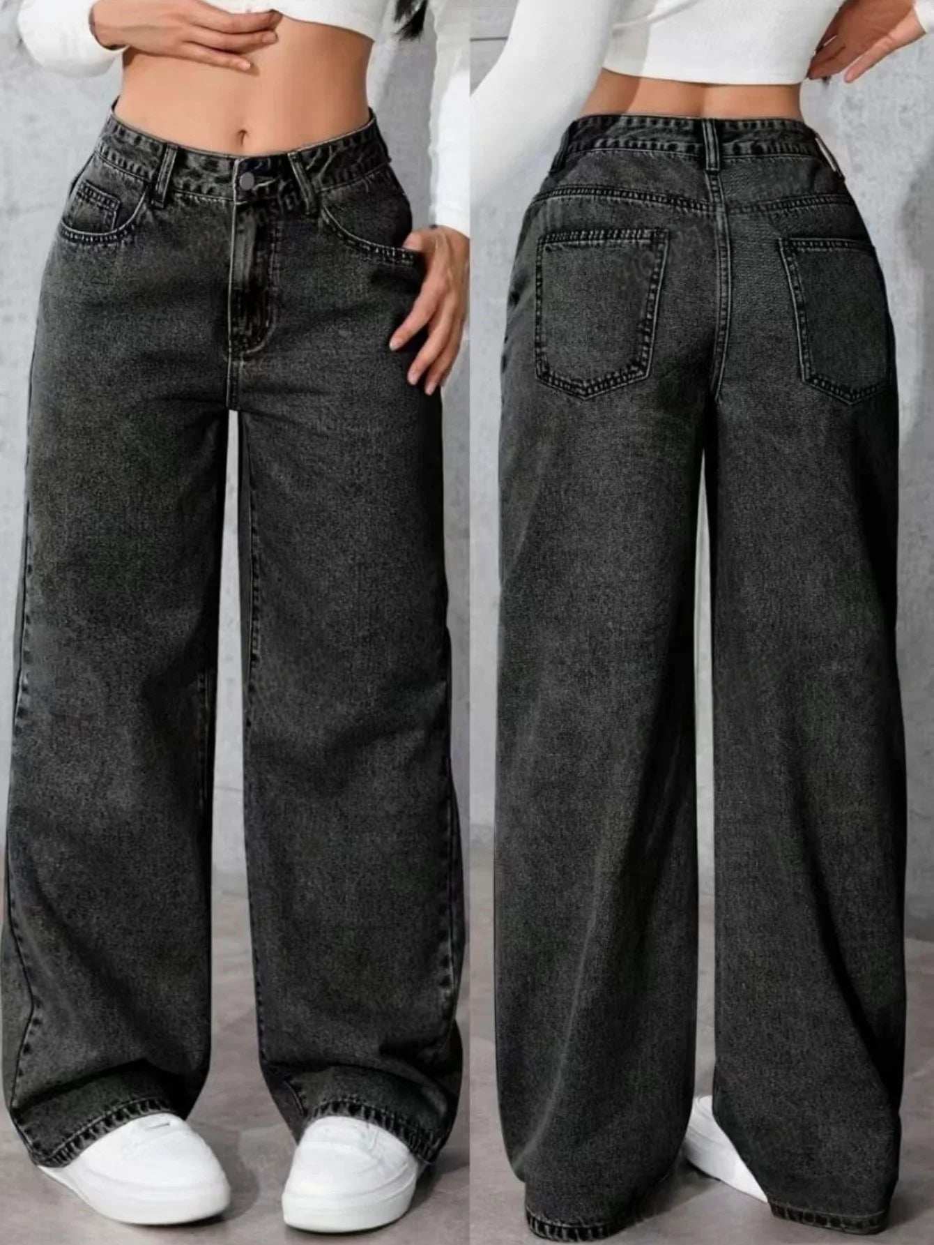Y2k Jeans For Woman Wide Leg Baggy Low Rise Black Vintage Denim Pants Retro Streetwear Fashion Comfort Fit Daily Wear - Clothesfassion.store