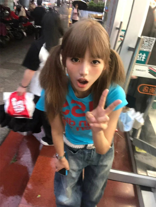 Y2k Letter Print T-shirt American Japanese Retro 90s Fashion 2000s Style Crop Top Vintage Harajuku Short Sleeve Shirt Streetwear - Clothesfassion.store