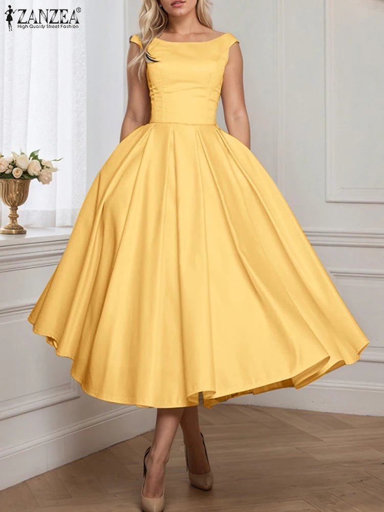 ZANZEA Woman Fashion Fitted Waist Cocktail Party Dresses Sleeveless Inverted Pleats Boatneck Elegant Satin A - line Robes Femme - Clothesfassion.store
