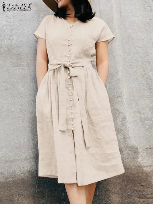 ZANZEA Woman Fashion Solid Dress Short Sleeve O - Neck Dresses Summer Elegant A Line Sundress Vintage Office OL Vestidos Oversized - Clothesfassion.store