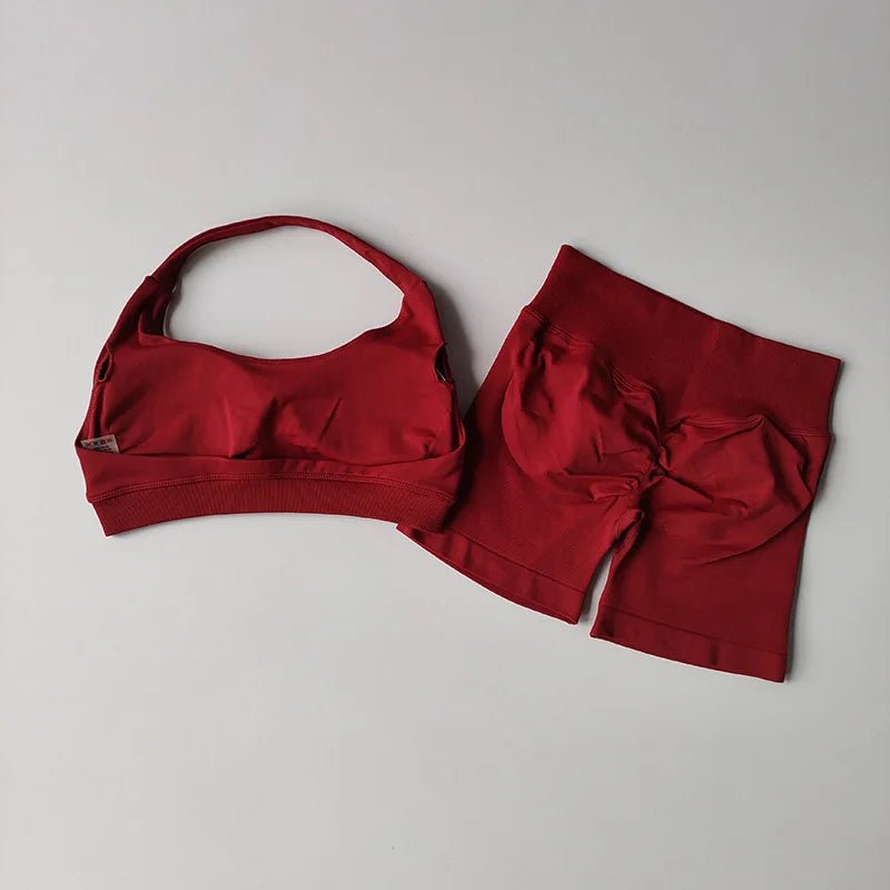 2 Pieces Yoga Suit for Women Seamless Fitness Gym Clothes Halter Sports Bra Matching Impact Shorts Workout Sets Gym Outfit - Clothesfassion.store