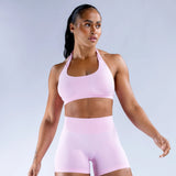 2 Pieces Yoga Suit for Women Seamless Fitness Gym Clothes Halter Sports Bra Matching Impact Shorts Workout Sets Gym Outfit - Clothesfassion.store