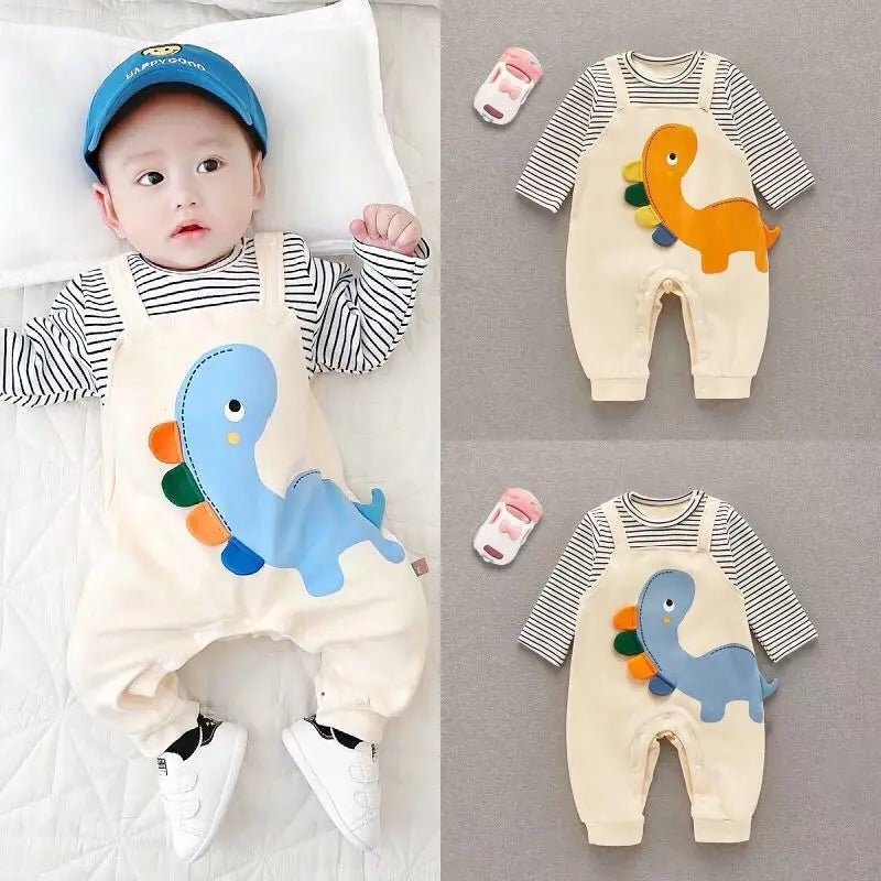 2024 Autumn Baby Clothes Newborn Jumpsuit Infant Boys False 2 Pcs Stripe Patchwork Romper Toddler Cartoon Dinosaur One Piece - Clothesfassion.store