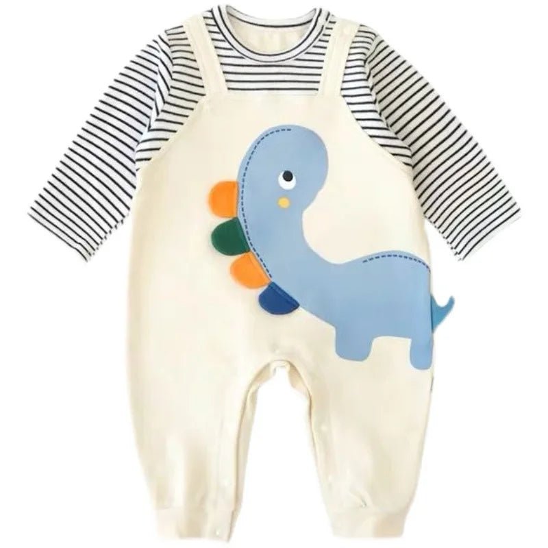 2024 Autumn Baby Clothes Newborn Jumpsuit Infant Boys False 2 Pcs Stripe Patchwork Romper Toddler Cartoon Dinosaur One Piece - Clothesfassion.store