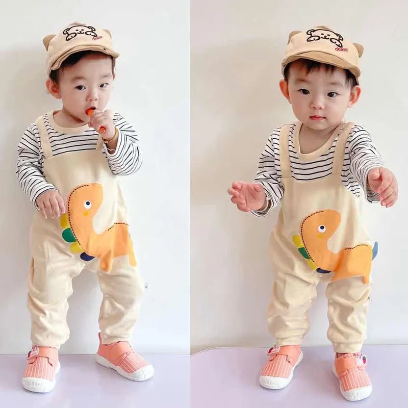 2024 Autumn Baby Clothes Newborn Jumpsuit Infant Boys False 2 Pcs Stripe Patchwork Romper Toddler Cartoon Dinosaur One Piece - Clothesfassion.store