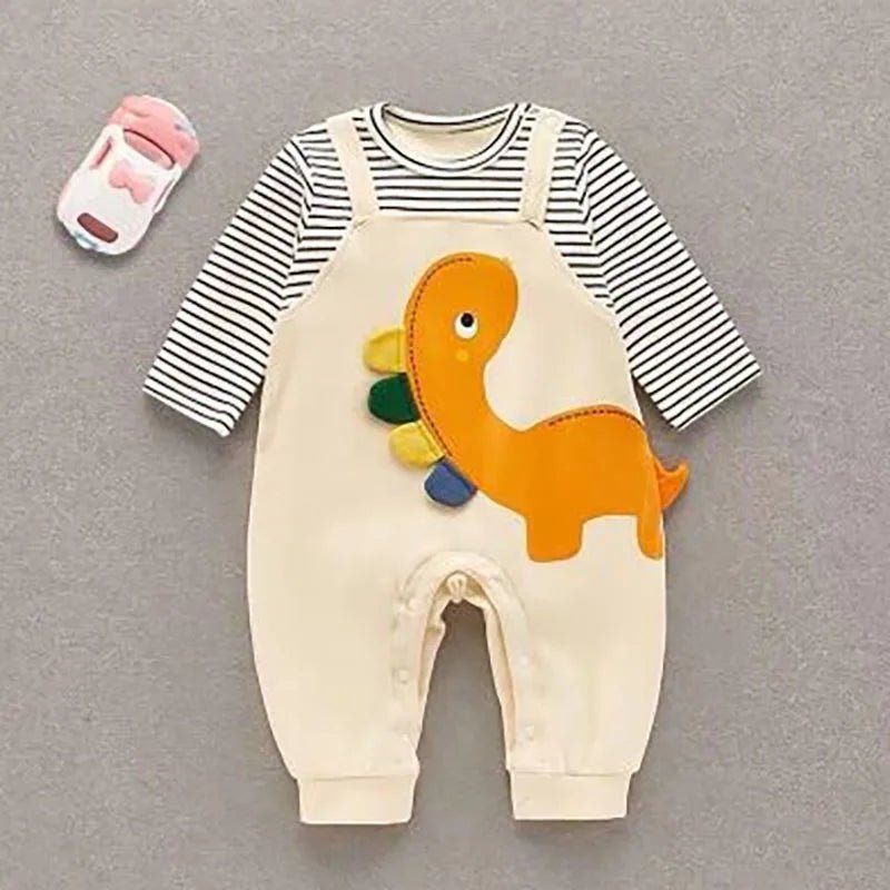 2024 Autumn Baby Clothes Newborn Jumpsuit Infant Boys False 2 Pcs Stripe Patchwork Romper Toddler Cartoon Dinosaur One Piece - Clothesfassion.store