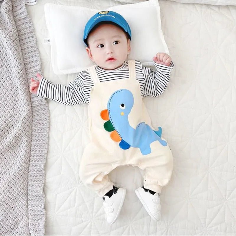 2024 Autumn Baby Clothes Newborn Jumpsuit Infant Boys False 2 Pcs Stripe Patchwork Romper Toddler Cartoon Dinosaur One Piece - Clothesfassion.store