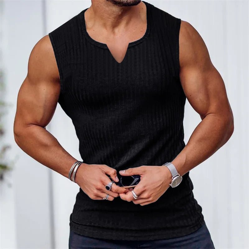 2024 Summer new men V - neck Vest stripe gym Tank top Men Fitness sleeveless shirt Sports Undershirt Gyms clothing Training vest - Clothesfassion.store
