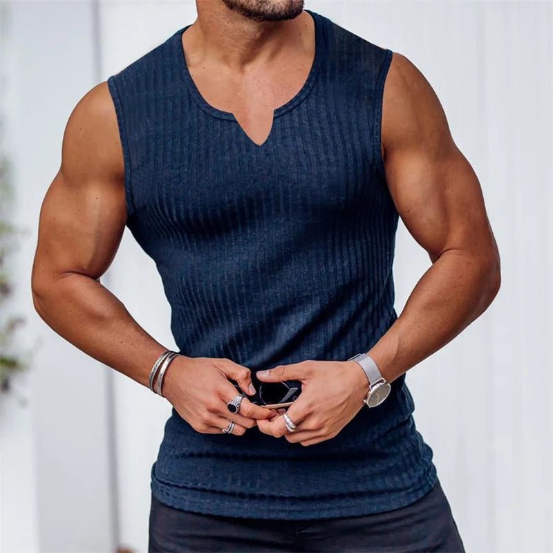 2024 Summer new men V - neck Vest stripe gym Tank top Men Fitness sleeveless shirt Sports Undershirt Gyms clothing Training vest - Clothesfassion.store