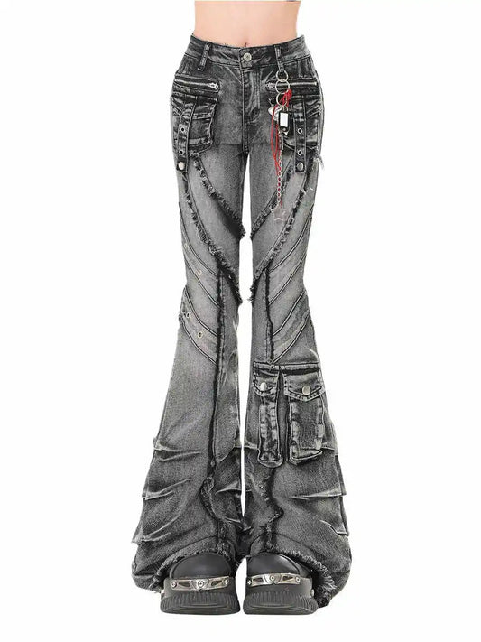 2025 Autumn Winter Women's Denim Pants Dark Academia Cargo Jean Flared Bell Bottom Designer Kpop Japanese Y2k 2000s Goblin Core - Clothesfassion.store