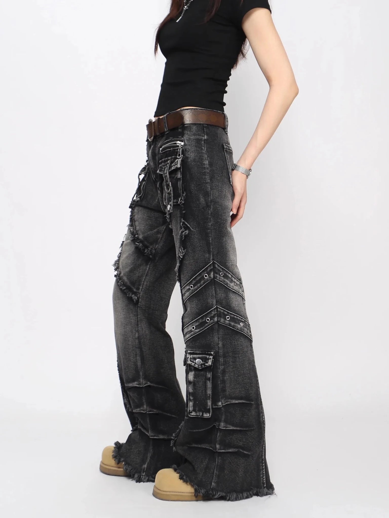 2025 Autumn Winter Women's Denim Pants Dark Academia Cargo Jean Flared Bell Bottom Designer Kpop Japanese Y2k 2000s Goblin Core - Clothesfassion.store