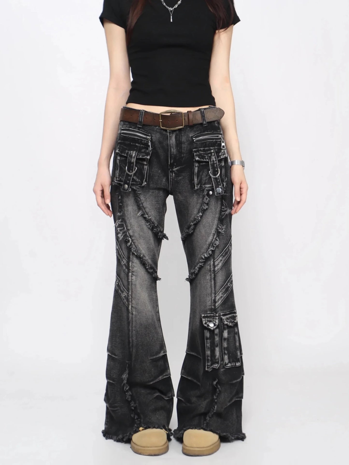 2025 Autumn Winter Women's Denim Pants Dark Academia Cargo Jean Flared Bell Bottom Designer Kpop Japanese Y2k 2000s Goblin Core - Clothesfassion.store