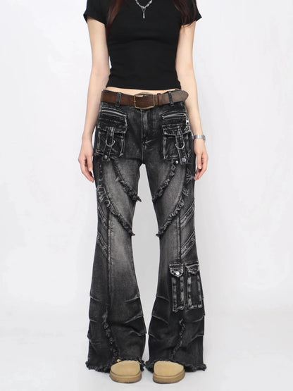 2025 Autumn Winter Women's Denim Pants Dark Academia Cargo Jean Flared Bell Bottom Designer Kpop Japanese Y2k 2000s Goblin Core - Clothesfassion.store