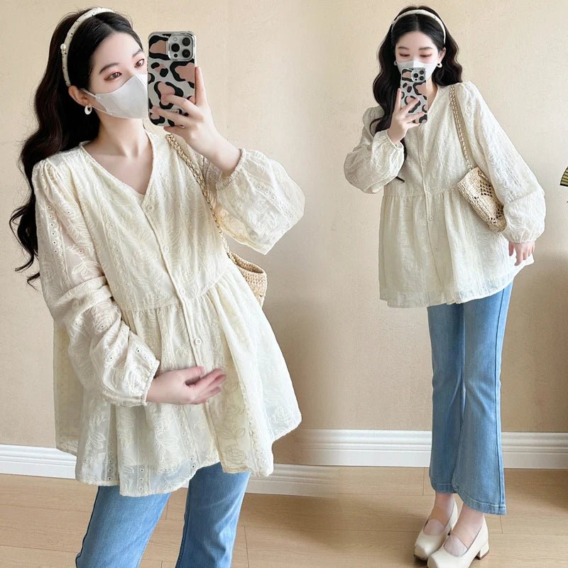 2025 Spring Pregnant Woman Korean Fashion V - neck Rose Embroidered European Style Maternity Breeze Shirt Top Pregnancy Blouse - Clothesfassion.store