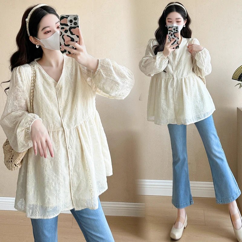 2025 Spring Pregnant Woman Korean Fashion V - neck Rose Embroidered European Style Maternity Breeze Shirt Top Pregnancy Blouse - Clothesfassion.store