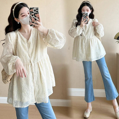 2025 Spring Pregnant Woman Korean Fashion V - neck Rose Embroidered European Style Maternity Breeze Shirt Top Pregnancy Blouse - Clothesfassion.store