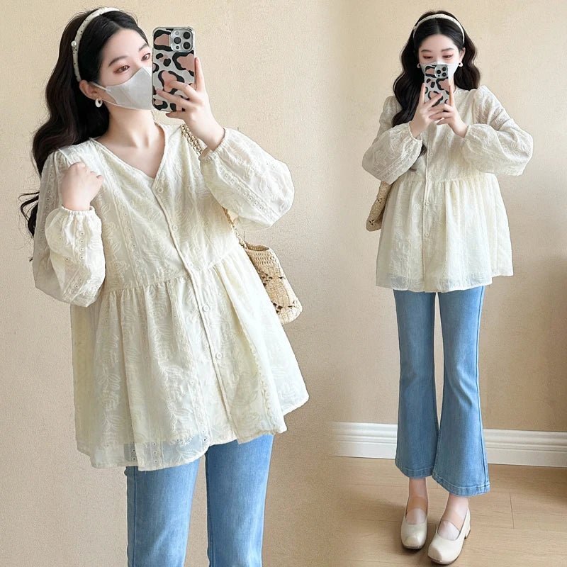2025 Spring Pregnant Woman Korean Fashion V - neck Rose Embroidered European Style Maternity Breeze Shirt Top Pregnancy Blouse - Clothesfassion.store