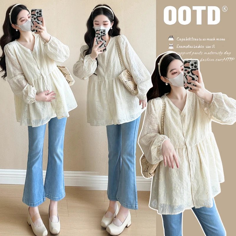 2025 Spring Pregnant Woman Korean Fashion V - neck Rose Embroidered European Style Maternity Breeze Shirt Top Pregnancy Blouse - Clothesfassion.store