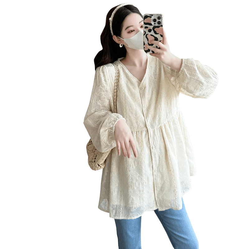 2025 Spring Pregnant Woman Korean Fashion V - neck Rose Embroidered European Style Maternity Breeze Shirt Top Pregnancy Blouse - Clothesfassion.store
