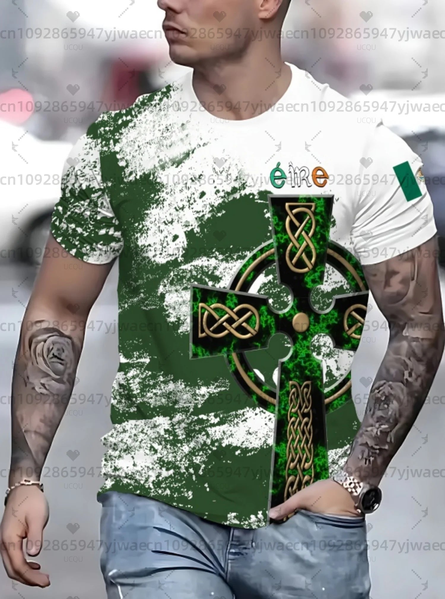 2026 mens Irish Flag T Shirt For Men St. Patrick's Day Clover Graphic T-Shirts Ireland Celtic Cross 3D Round Neck Tops Tees - Clothesfassion.store