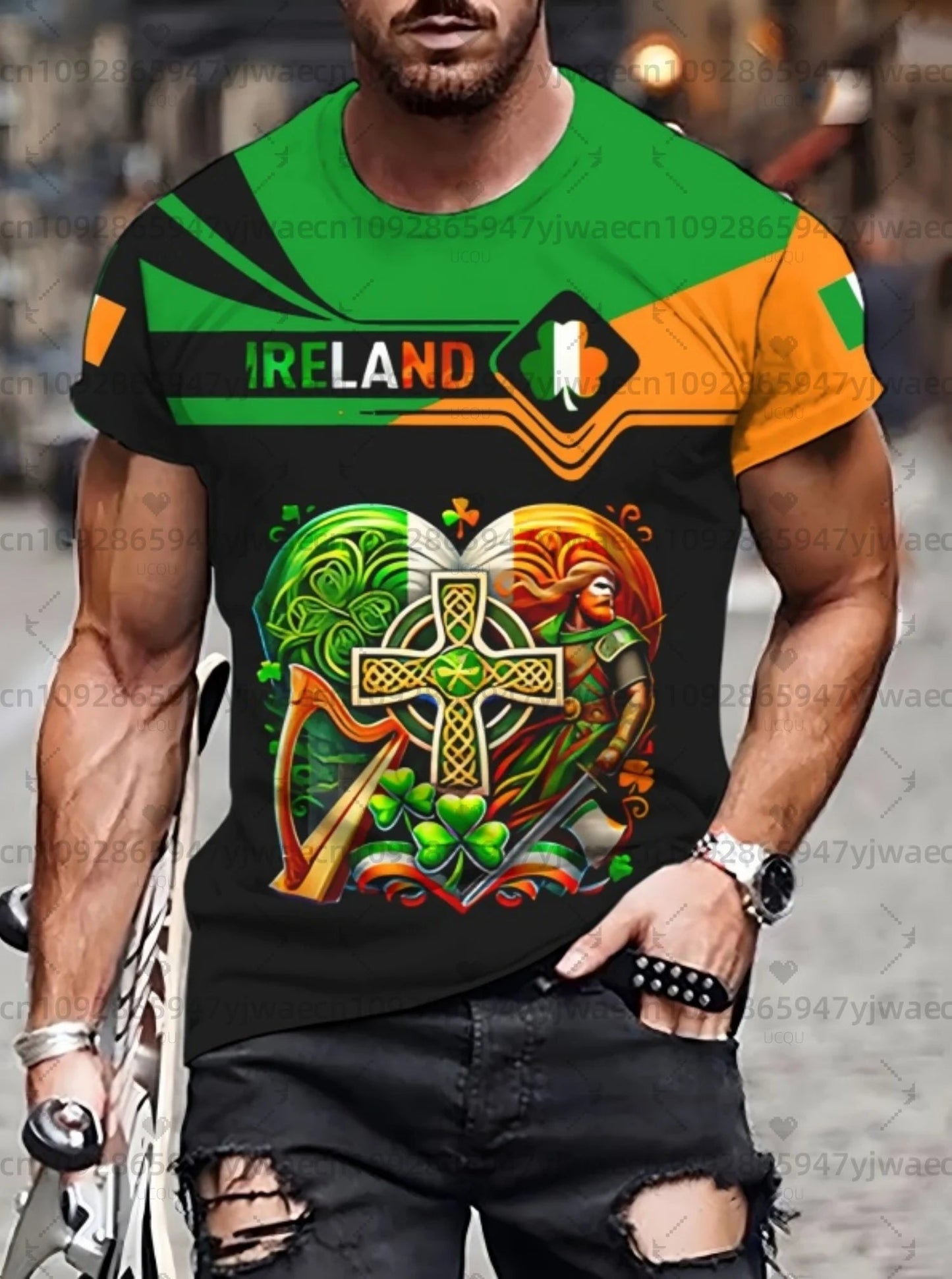 2026 mens Irish Flag T Shirt For Men St. Patrick's Day Clover Graphic T-Shirts Ireland Celtic Cross 3D Round Neck Tops Tees - Clothesfassion.store