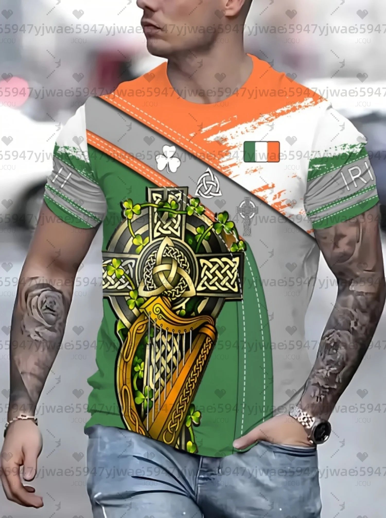 2026 mens Irish Flag T Shirt For Men St. Patrick's Day Clover Graphic T-Shirts Ireland Celtic Cross 3D Round Neck Tops Tees - Clothesfassion.store