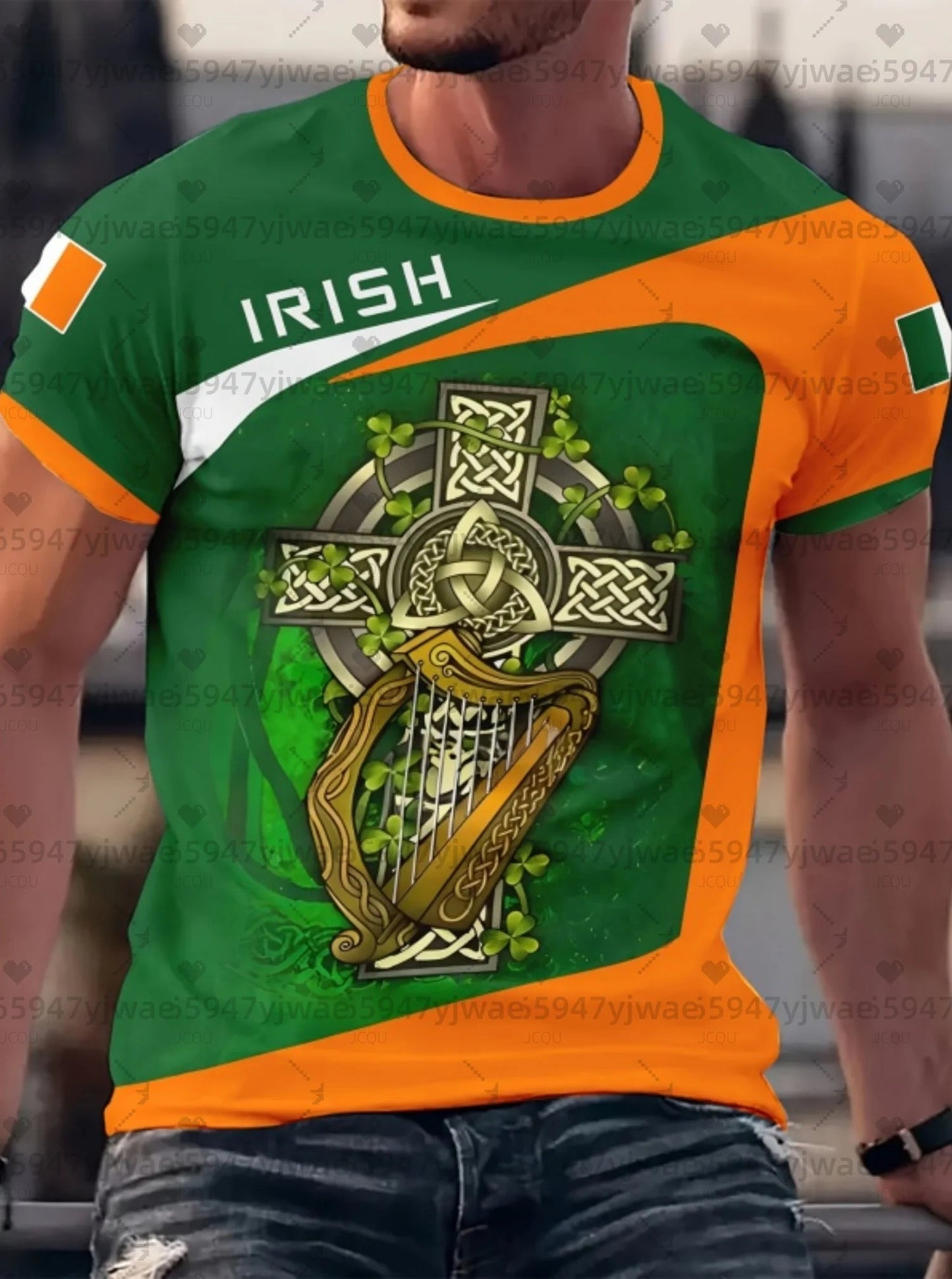 2026 mens Irish Flag T Shirt For Men St. Patrick's Day Clover Graphic T-Shirts Ireland Celtic Cross 3D Round Neck Tops Tees - Clothesfassion.store