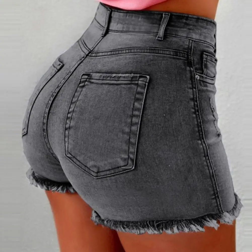 2026 Retro Distressed Ripped Edge Women Shorts High Waist Washed Butt - lifted Slim Fit Side Pockets Casual Club Party Short Pants - Clothesfassion.store