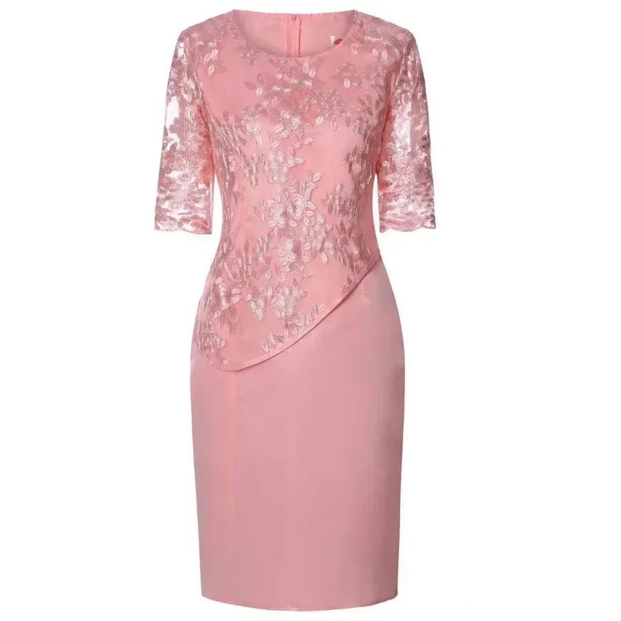 2026 Women's Large Size Midi Dress 5XL Elegant O - neck High - Waist Embroidery Lace 3/4 Sleeve Lady Evening Dress Female Clothing - Clothesfassion.store