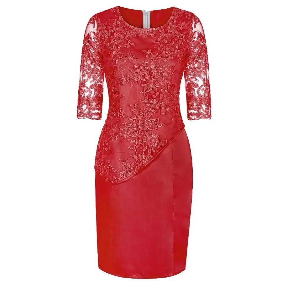 2026 Women's Large Size Midi Dress 5XL Elegant O - neck High - Waist Embroidery Lace 3/4 Sleeve Lady Evening Dress Female Clothing - Clothesfassion.store