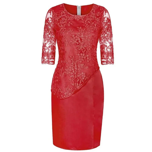 2026 Women's Large Size Midi Dress 5XL Elegant O - neck High - Waist Embroidery Lace 3/4 Sleeve Lady Evening Dress Female Clothing - Clothesfassion.store