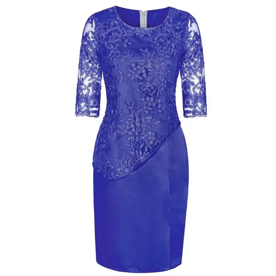 2026 Women's Large Size Midi Dress 5XL Elegant O - neck High - Waist Embroidery Lace 3/4 Sleeve Lady Evening Dress Female Clothing - Clothesfassion.store
