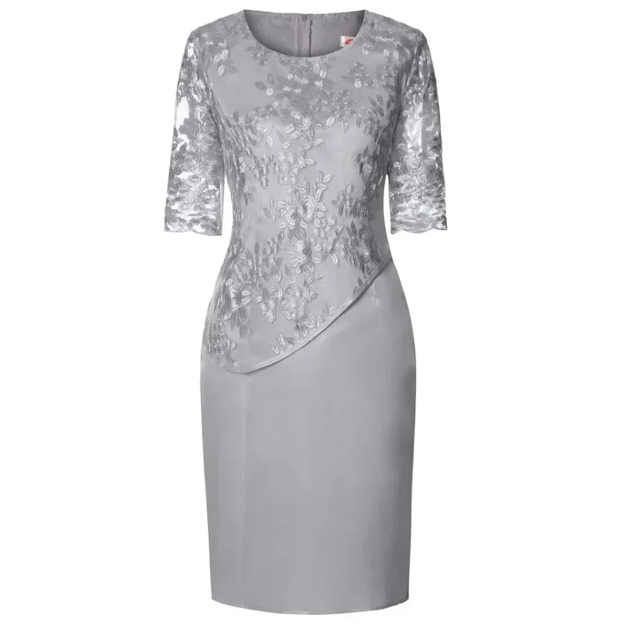 2026 Women's Large Size Midi Dress 5XL Elegant O - neck High - Waist Embroidery Lace 3/4 Sleeve Lady Evening Dress Female Clothing - Clothesfassion.store