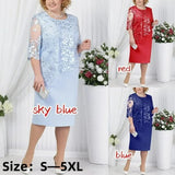 2026 Women's Large Size Midi Dress 5XL Elegant O - neck High - Waist Embroidery Lace 3/4 Sleeve Lady Evening Dress Female Clothing - Clothesfassion.store