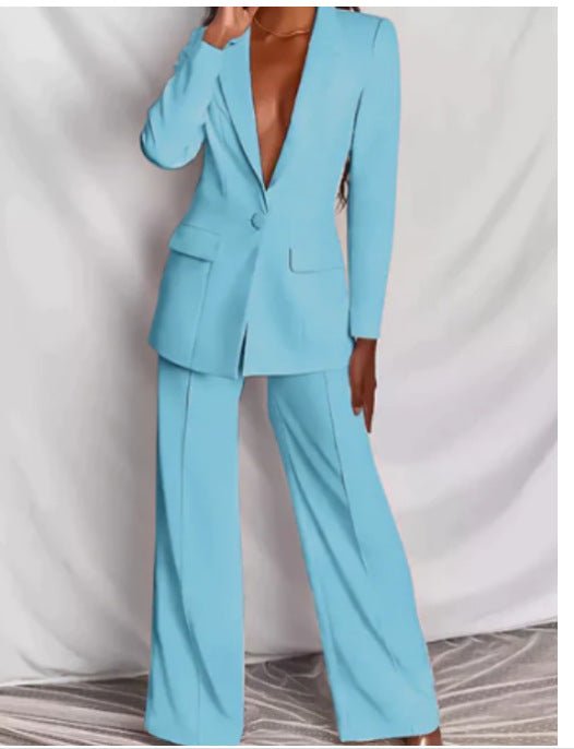 2pcs Casual Suit Lapel Button - down Blazer Jacket And Straight - leg Pants Office Commuting Business Trousers Set Clothing - Clothesfassion.store