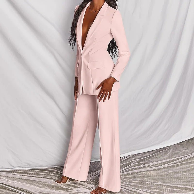 2pcs Casual Suit Lapel Button - down Blazer Jacket And Straight - leg Pants Office Commuting Business Trousers Set Clothing - Clothesfassion.store