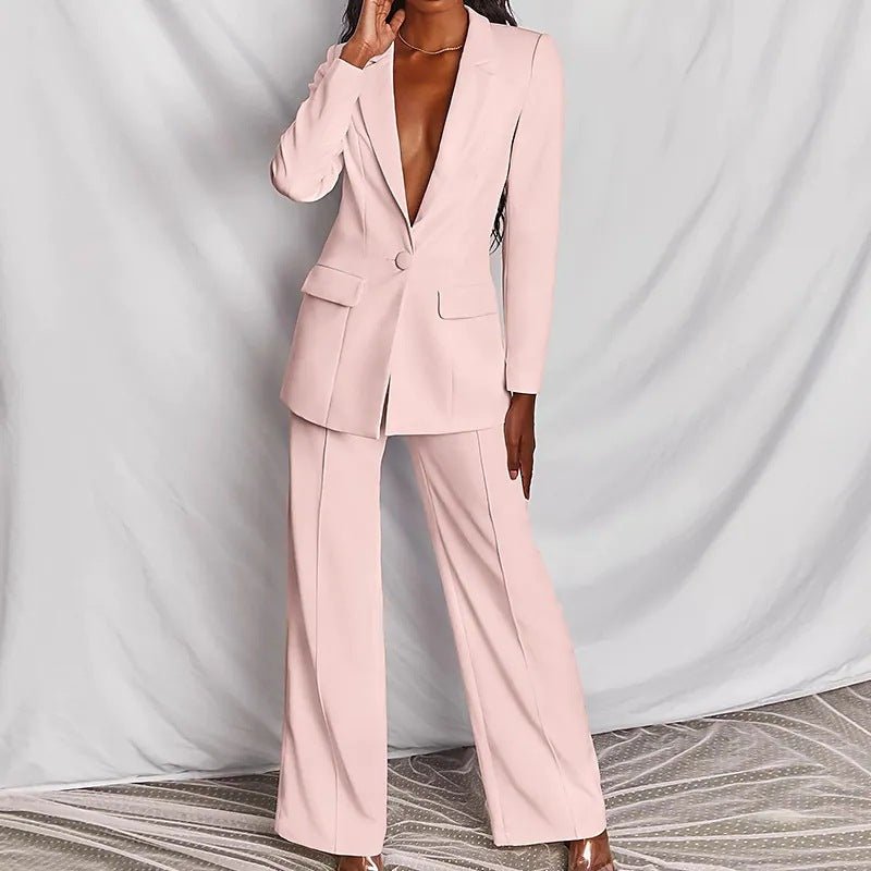2pcs Casual Suit Lapel Button - down Blazer Jacket And Straight - leg Pants Office Commuting Business Trousers Set Clothing - Clothesfassion.store