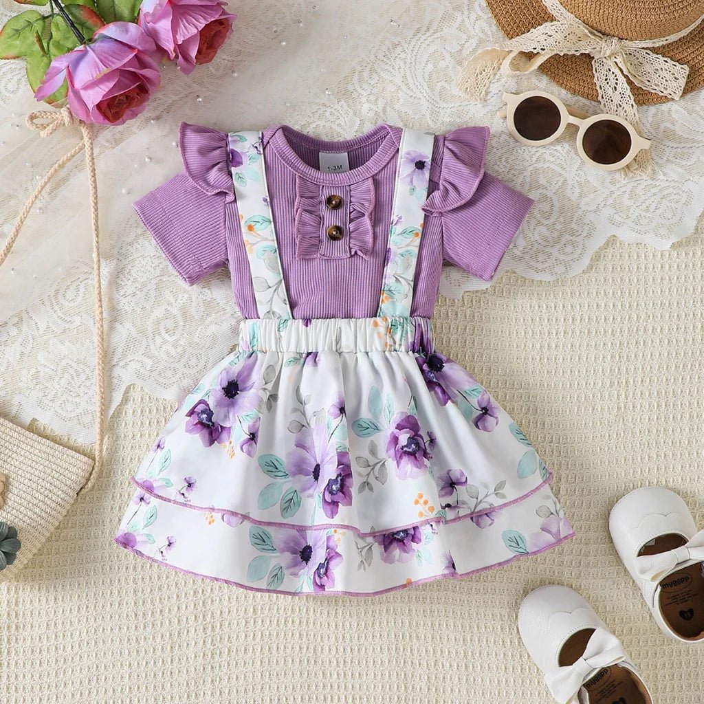 2PCS Newborn Baby Girl Clothing Set Short Sleeved Top+Strap Short Skirt Cute &Versatile Summer Clothes for Infant 1 - 12 Months - Clothesfassion.store