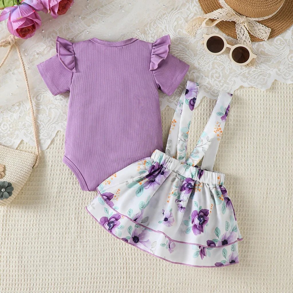 2PCS Newborn Baby Girl Clothing Set Short Sleeved Top+Strap Short Skirt Cute &Versatile Summer Clothes for Infant 1 - 12 Months - Clothesfassion.store