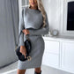 2pcs Suit Women's Solid Stripe Long - sleeved Top And Tight Suspender Skirt Fashion Autumn Winter Slim Clothing - Clothesfassion.store