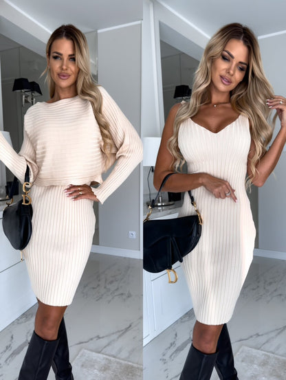 2pcs Suit Women's Solid Stripe Long - sleeved Top And Tight Suspender Skirt Fashion Autumn Winter Slim Clothing - Clothesfassion.store