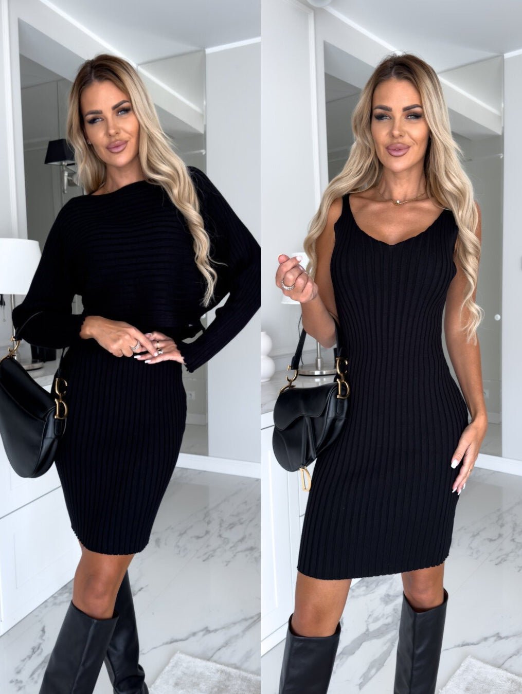 2pcs Suit Women's Solid Stripe Long - sleeved Top And Tight Suspender Skirt Fashion Autumn Winter Slim Clothing - Clothesfassion.store