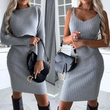 2pcs Suit Women's Solid Stripe Long - sleeved Top And Tight Suspender Skirt Fashion Autumn Winter Slim Clothing - Clothesfassion.store