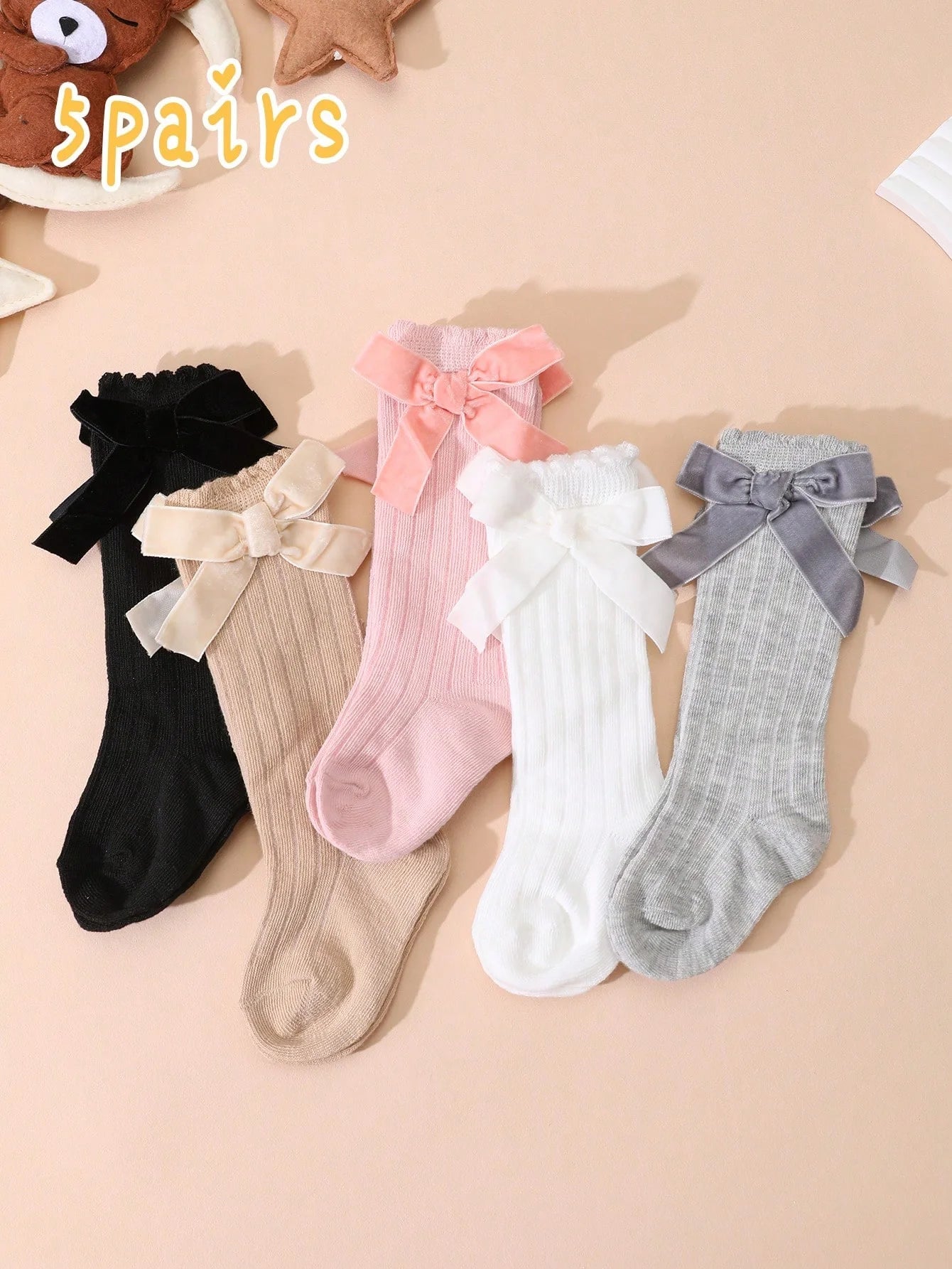 5 Pairs of Kids Knee High Socks with Bowknots Decoration, Cute Soft Breathable Long Striped Socks for Baby Girls Aged 0 - 72 Months - Clothesfassion.store