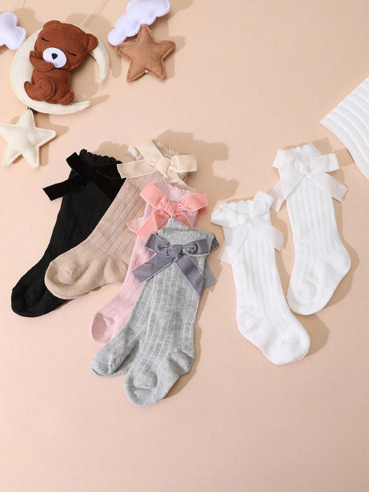 5 Pairs of Kids Knee High Socks with Bowknots Decoration, Cute Soft Breathable Long Striped Socks for Baby Girls Aged 0 - 72 Months - Clothesfassion.store